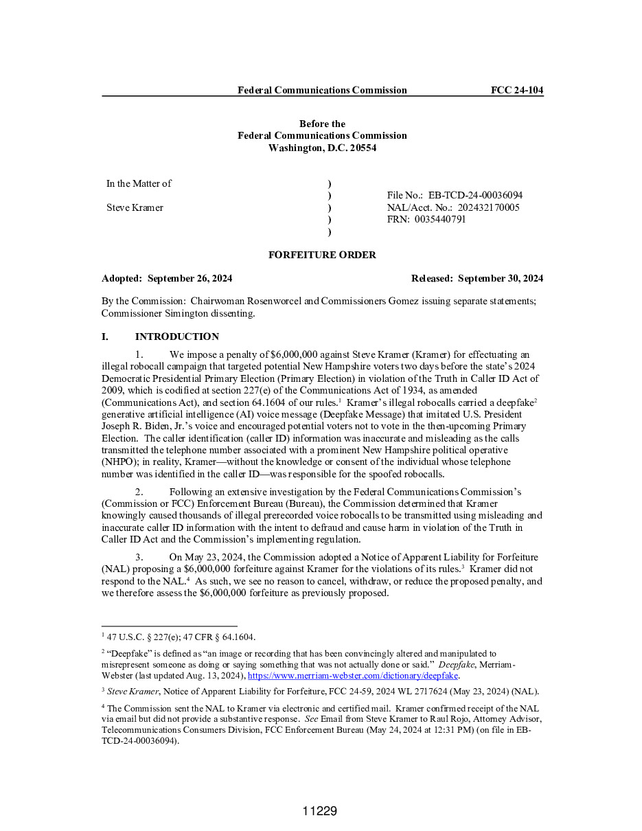 First page of FCC order 24-104 concerning the January 2024 robocall campaign.