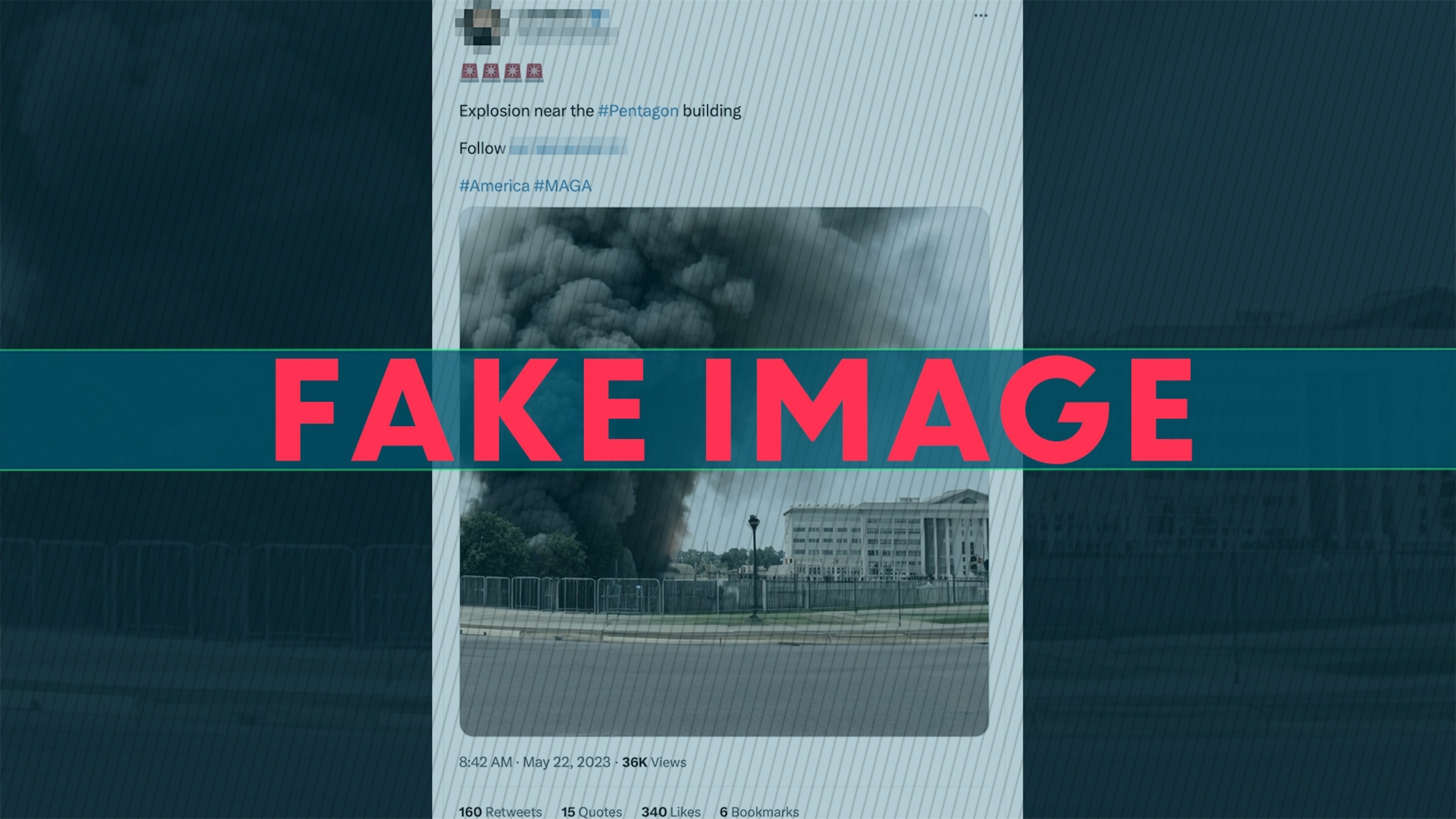 The image circulated with the false May 2023 Pentagon explosion claim, reproduced by ABC News.