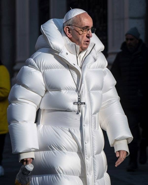 The viral image of Pope Francis wearing an oversized white puffer jacket.