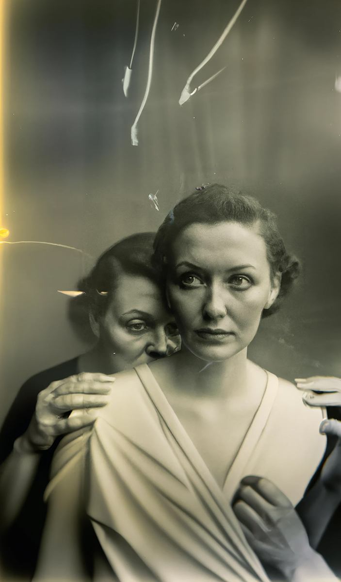 The Electrician by Boris Eldagsen, a monochrome AI-generated portrait of two women.