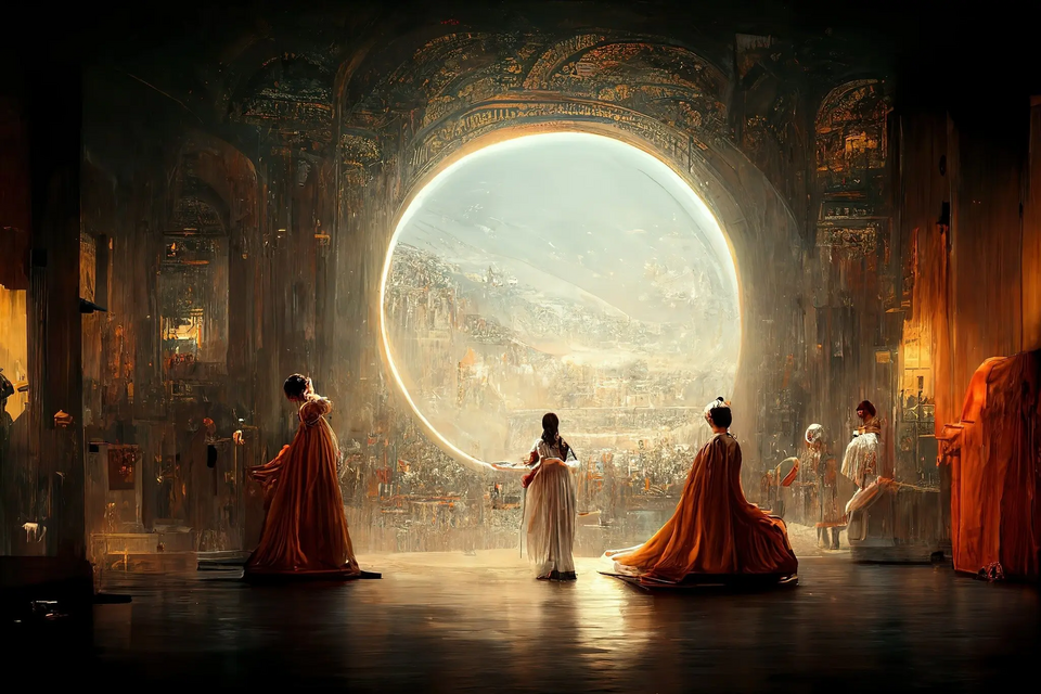 Théâtre D’opéra Spatial: robed figures in an ornate hall facing a bright circular opening.