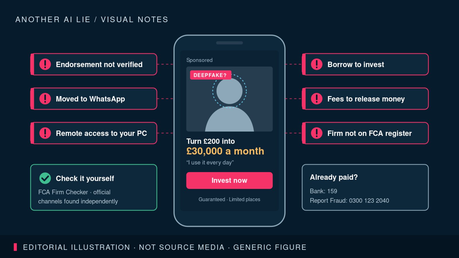Illustration of a phone showing a sponsored video advert: a generic grey figure labelled ‘Deepfake?’, a promise to turn £200 into £30,000 a month and an Invest now button, surrounded by six warning signs.