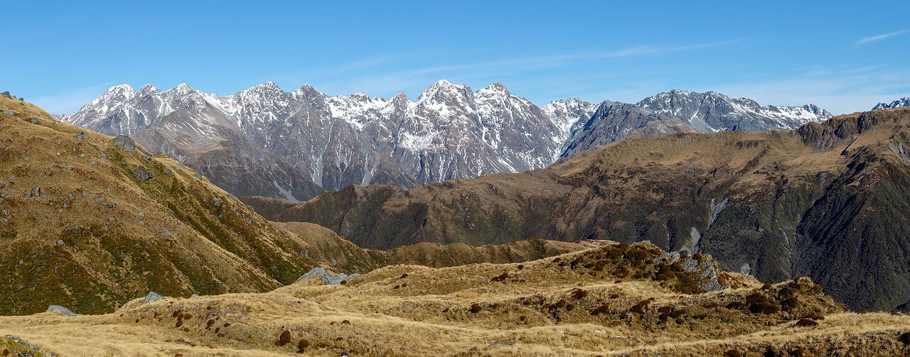 Golden grassy hills in front of a line of rocky, snow-dusted mountains under a blue sky.