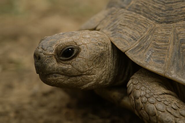 A close view of a brown tortoise's scaly head, dark eye, front leg and the edge of its shell, with blurred earth behind.